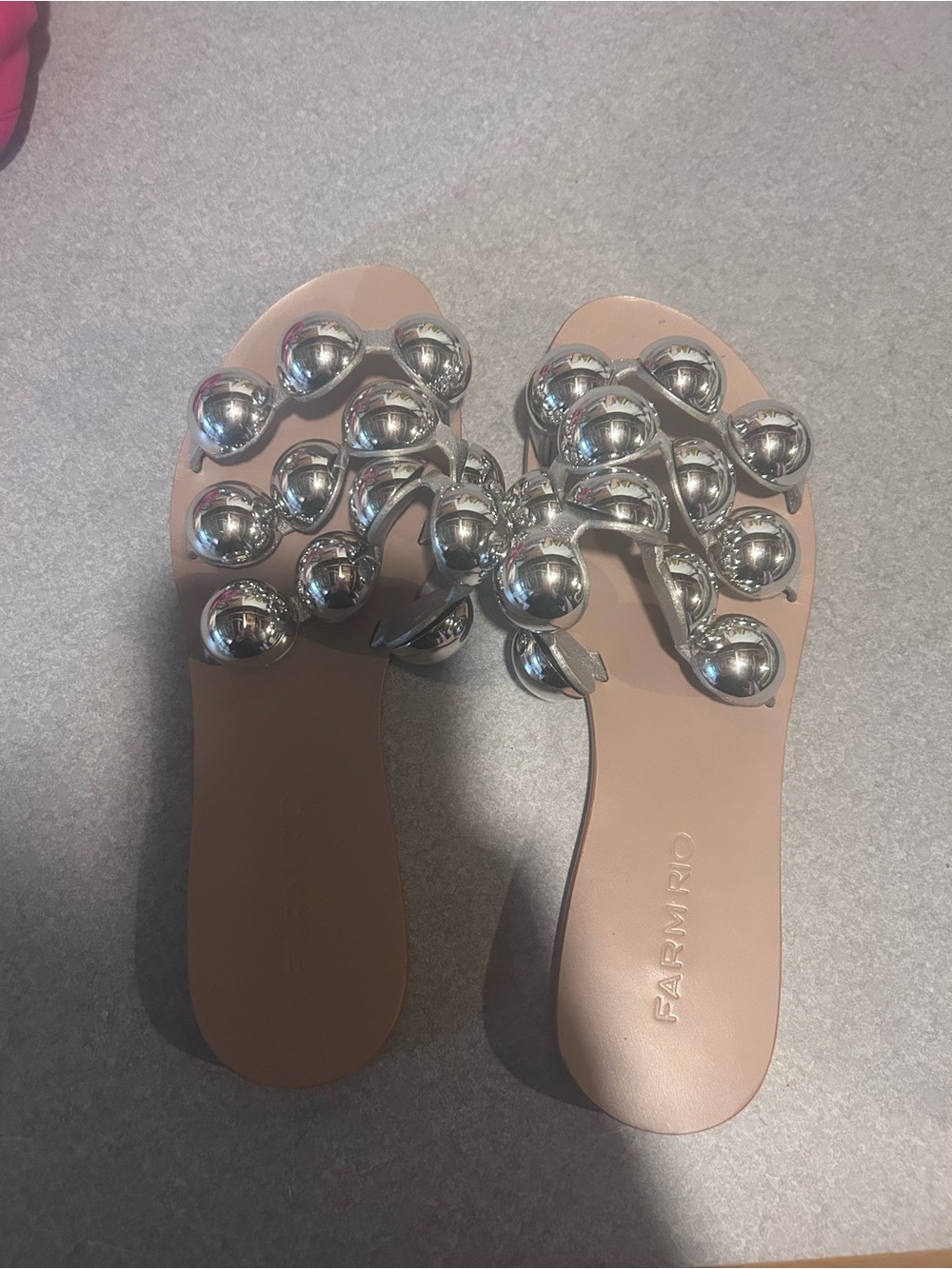 FARM Rio Silver Beaded Slide Sandals - Nude/Tan Footbed
